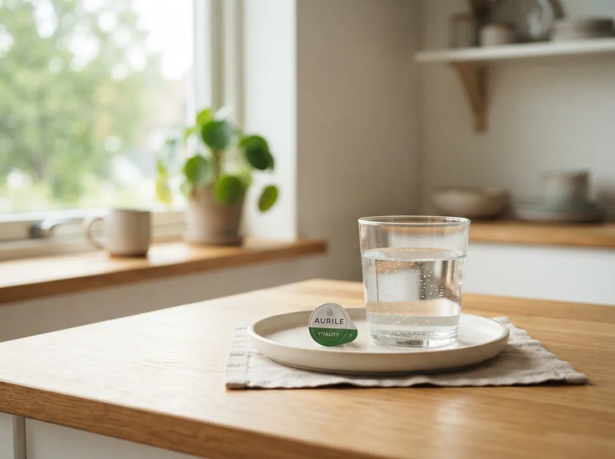 Ett glas vatten och en Aurile-kapsel på ett köksbord